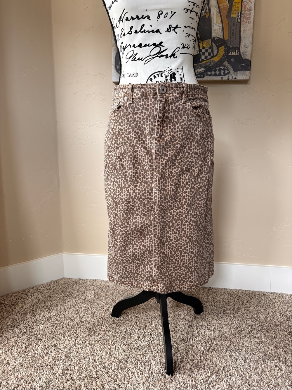 Jill Denim Leopard Print Midi Skirt